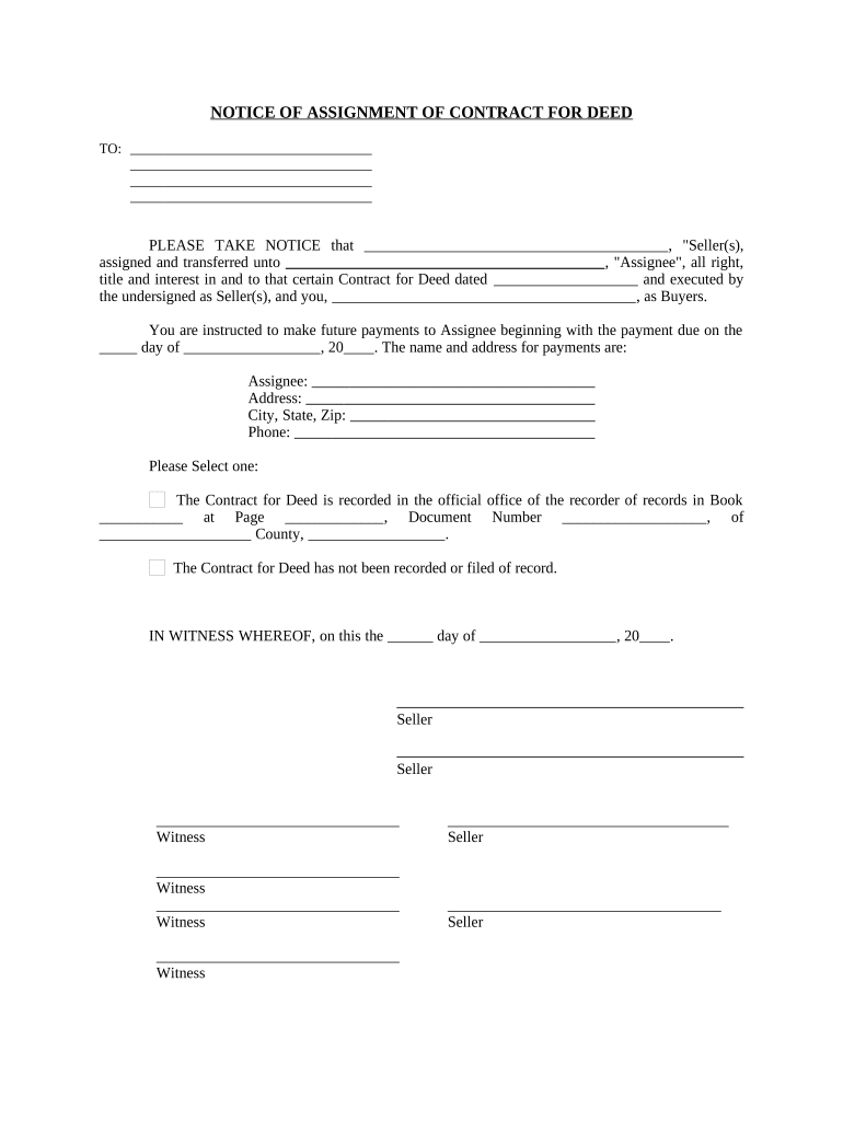 Notice of Assignment of Contract for Deed Michigan  Form