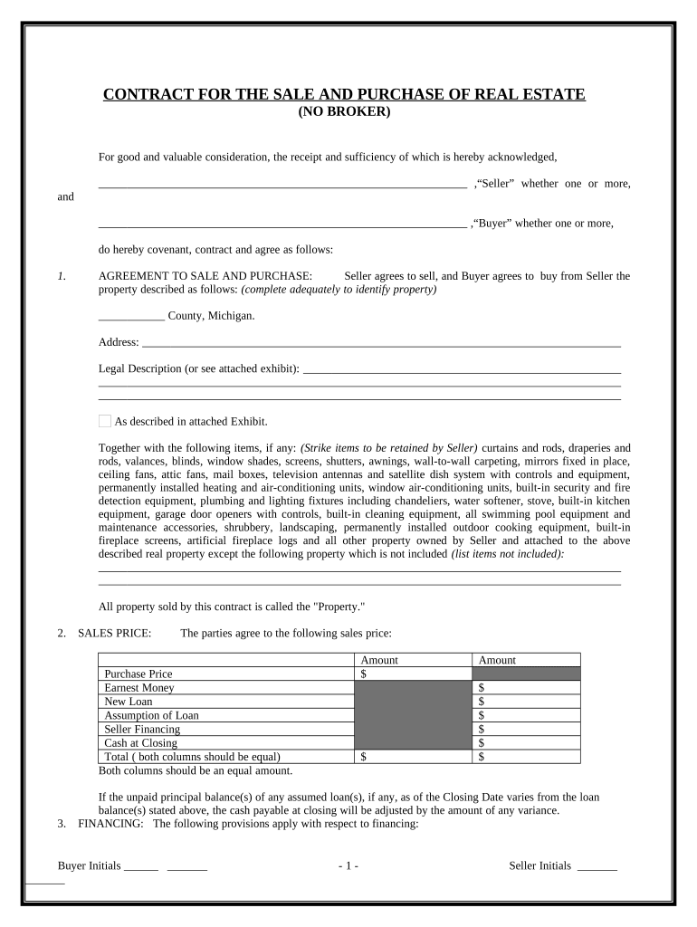 Contract for Sale and Purchase of Real Estate with No Broker for Residential Home Sale Agreement Michigan  Form