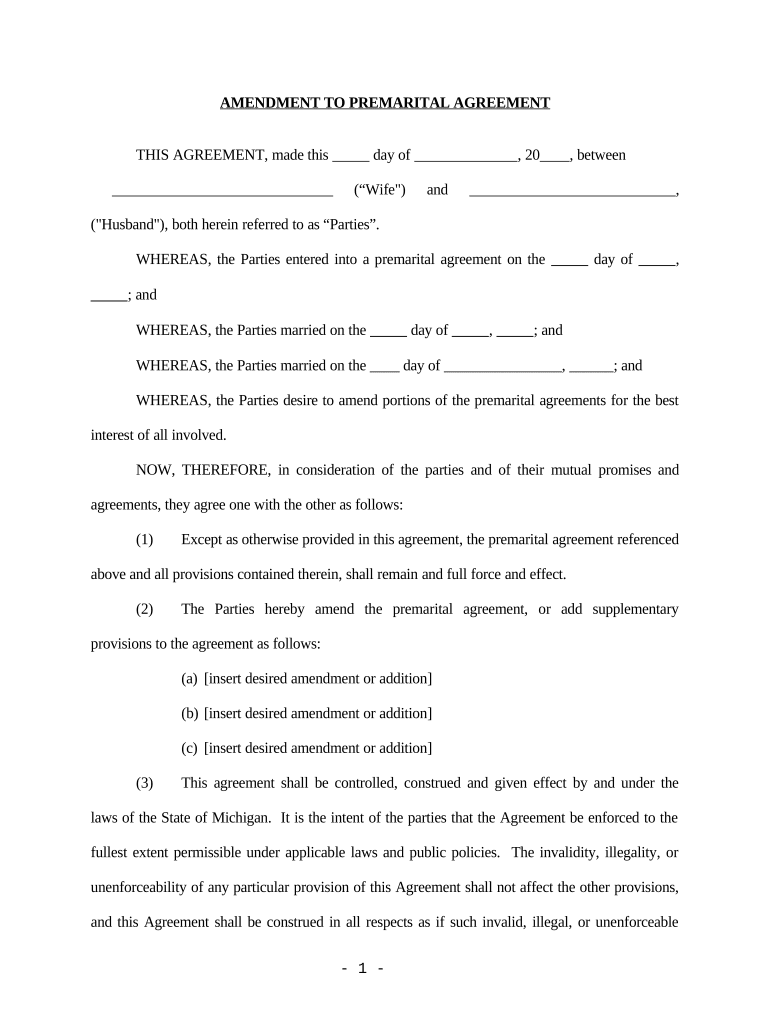 Amendment to Prenuptial or Premarital Agreement Michigan  Form
