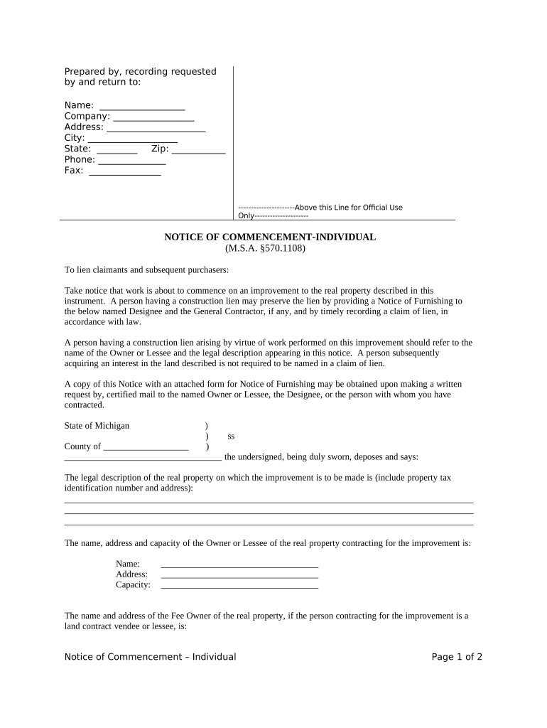 Notice of Commencement Individual Michigan  Form