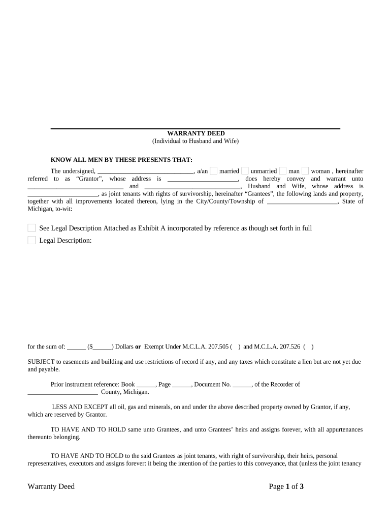 Warranty Deed from Individual to Husband and Wife Michigan  Form