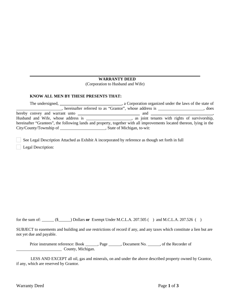 Warranty Deed from Corporation to Husband and Wife Michigan  Form