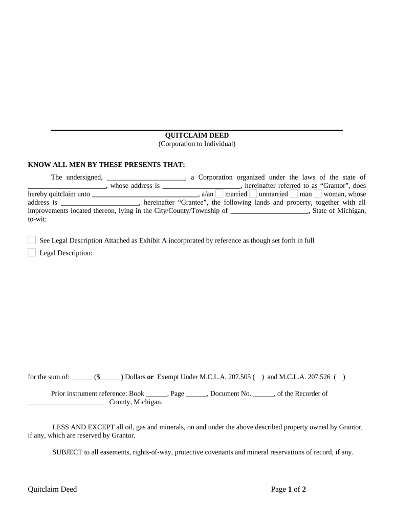 Quitclaim Deed from Corporation to Individual Michigan  Form