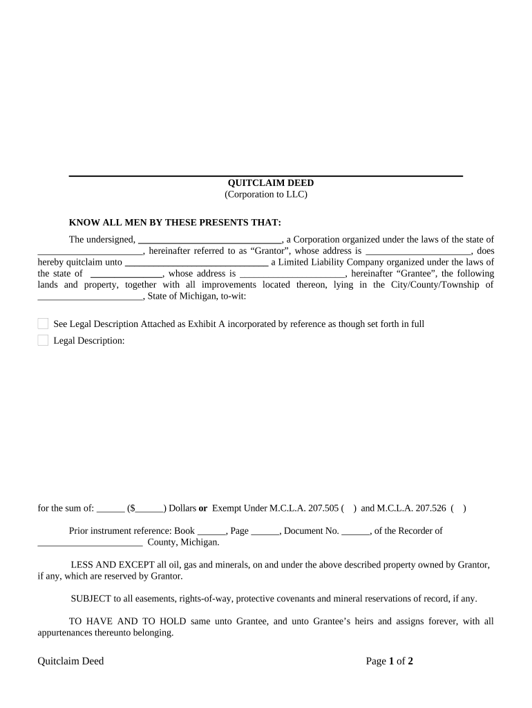 Quitclaim Deed from Corporation to LLC Michigan  Form