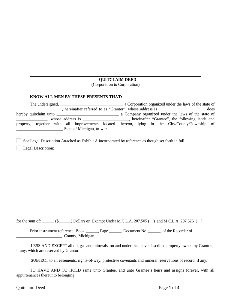 Quitclaim Deed from Corporation to Corporation Michigan  Form