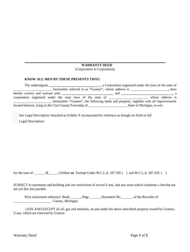 Warranty Deed from Corporation to Corporation Michigan  Form