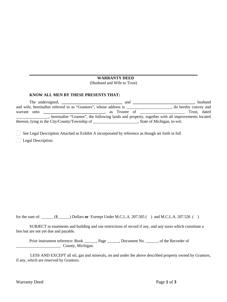 Warranty Deed from Husband and Wife to a Trust Michigan  Form
