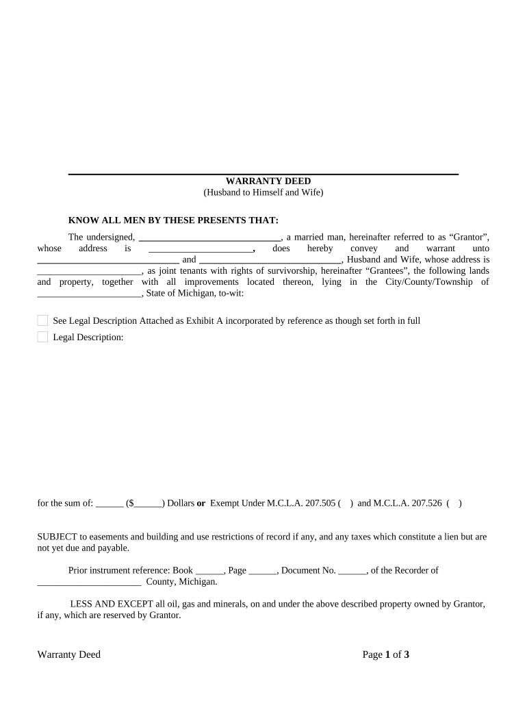Warranty Deed from Husband to Himself and Wife Michigan  Form