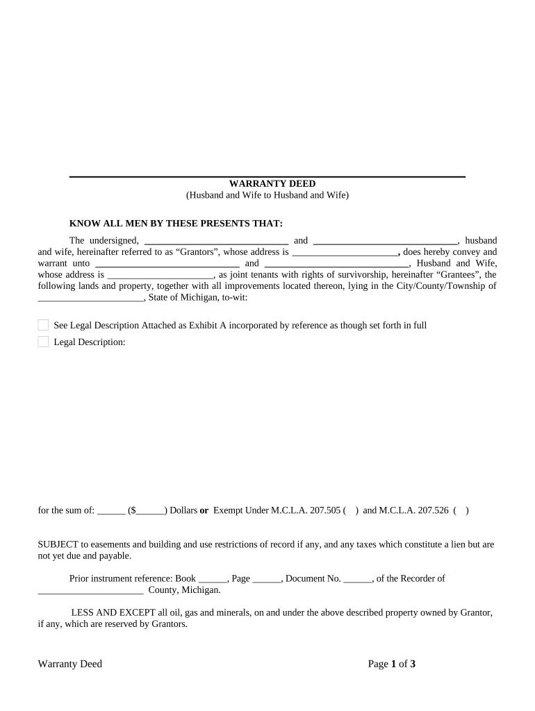 Warranty Deed from Husband and Wife to Husband and Wife Michigan  Form