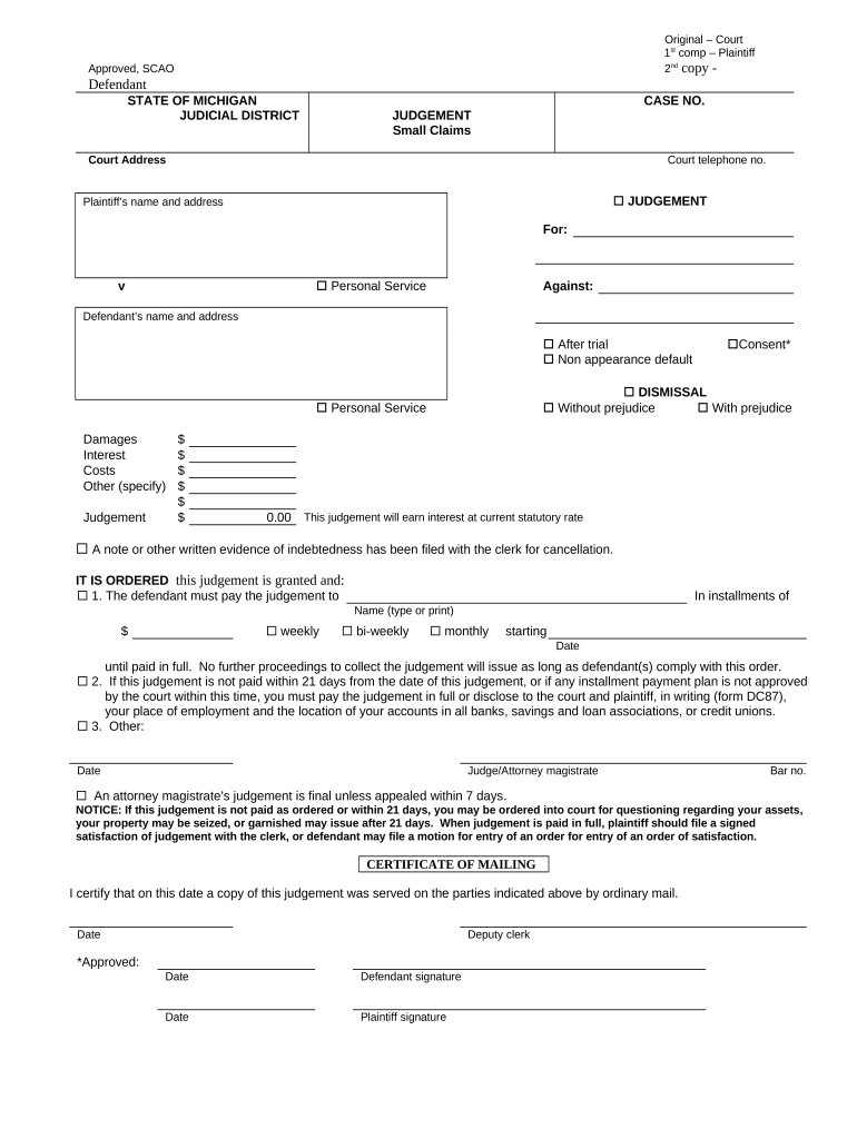 Michigan Small Claims  Form