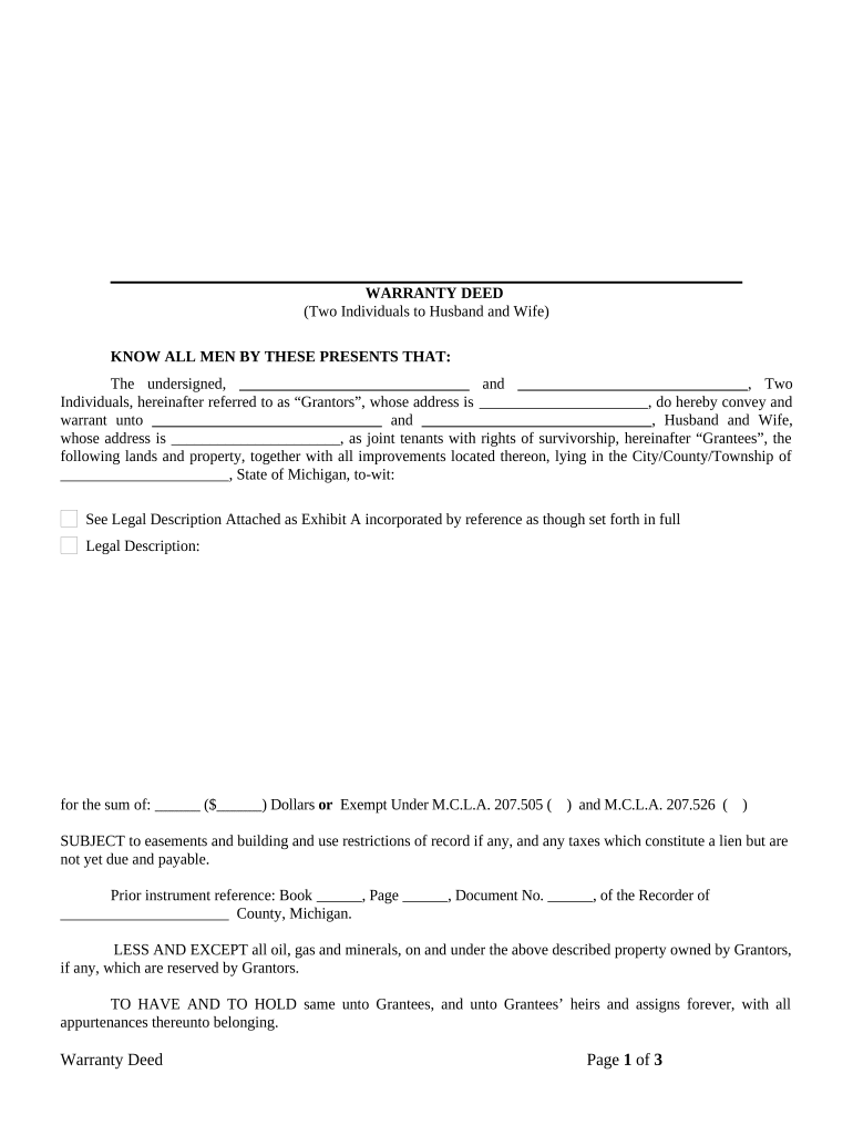 Warranty Deed from Two Individuals to Husband and Wife Michigan  Form