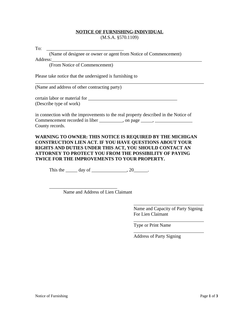 Michigan Notice Furnishing  Form