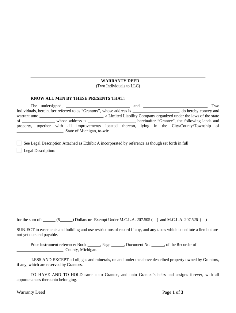 Warranty Deed from Two Individuals to LLC Michigan  Form