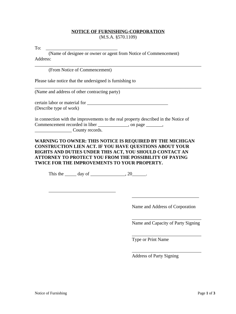 Notice of Furnishing Corporation or LLC Michigan  Form