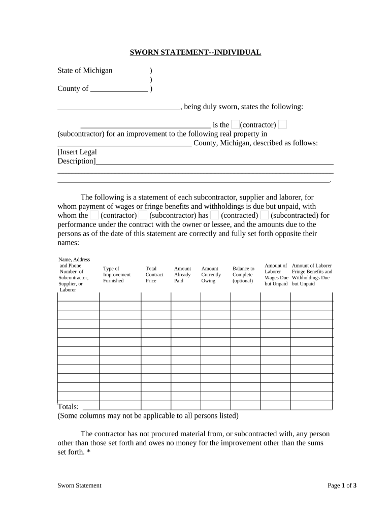 Sworn Statement Individual Michigan  Form