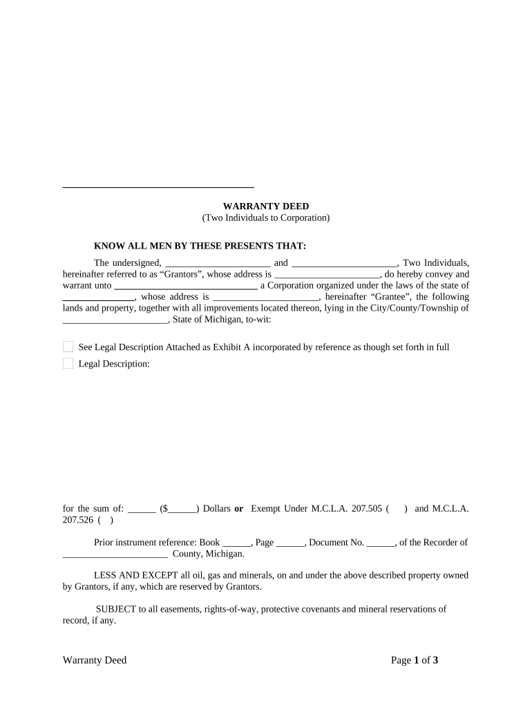 Warranty Deed from Two Individuals to Corporation Michigan  Form