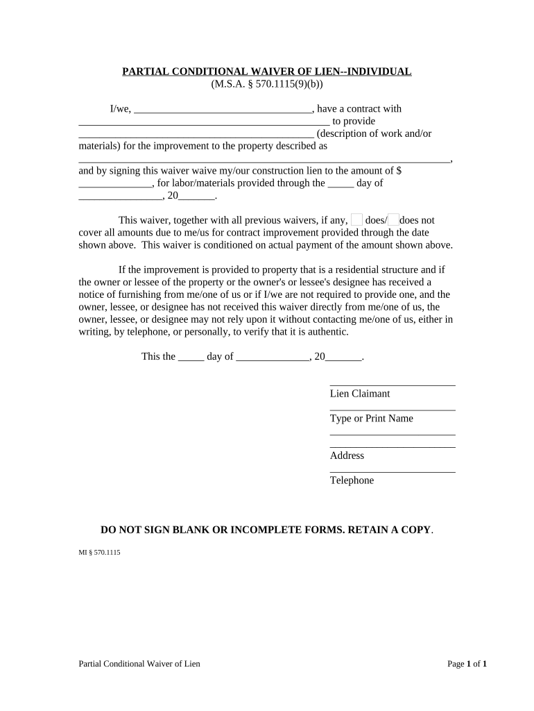 Partial Conditional Waiver Michigan  Form