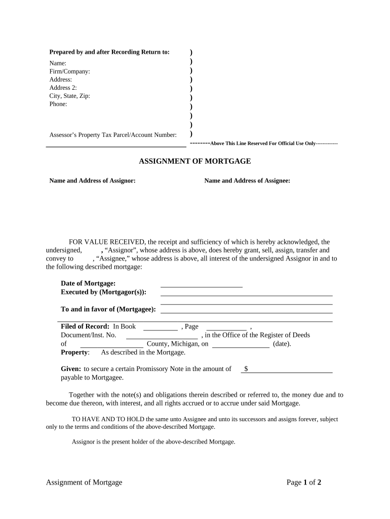 Assignment of Mortgage by Corporate Mortgage Holder Michigan  Form