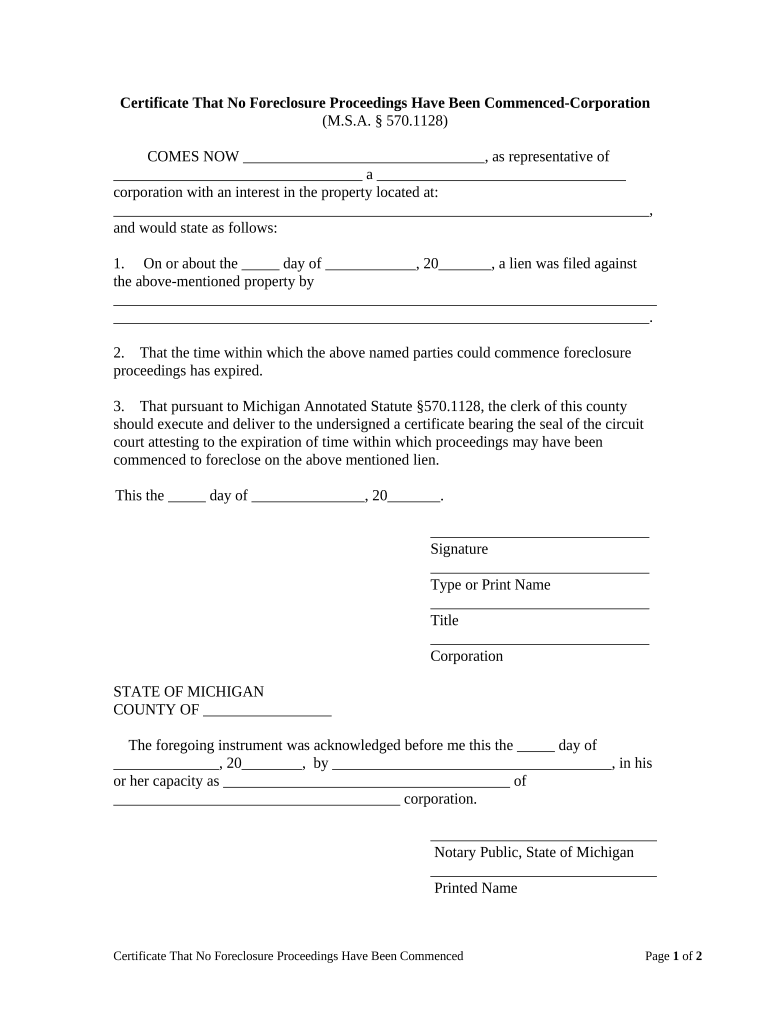 Certificate that No Foreclosure Proceedings Have Been Commenced Corporation or LLC Michigan  Form