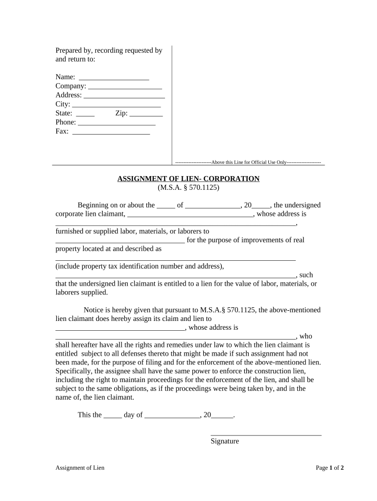 Assignment of Lien Corporation Michigan  Form