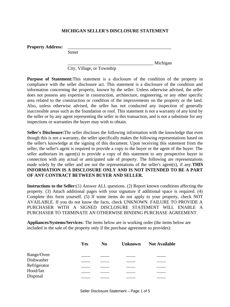 Residential Real Estate Sales Disclosure Statement Michigan  Form