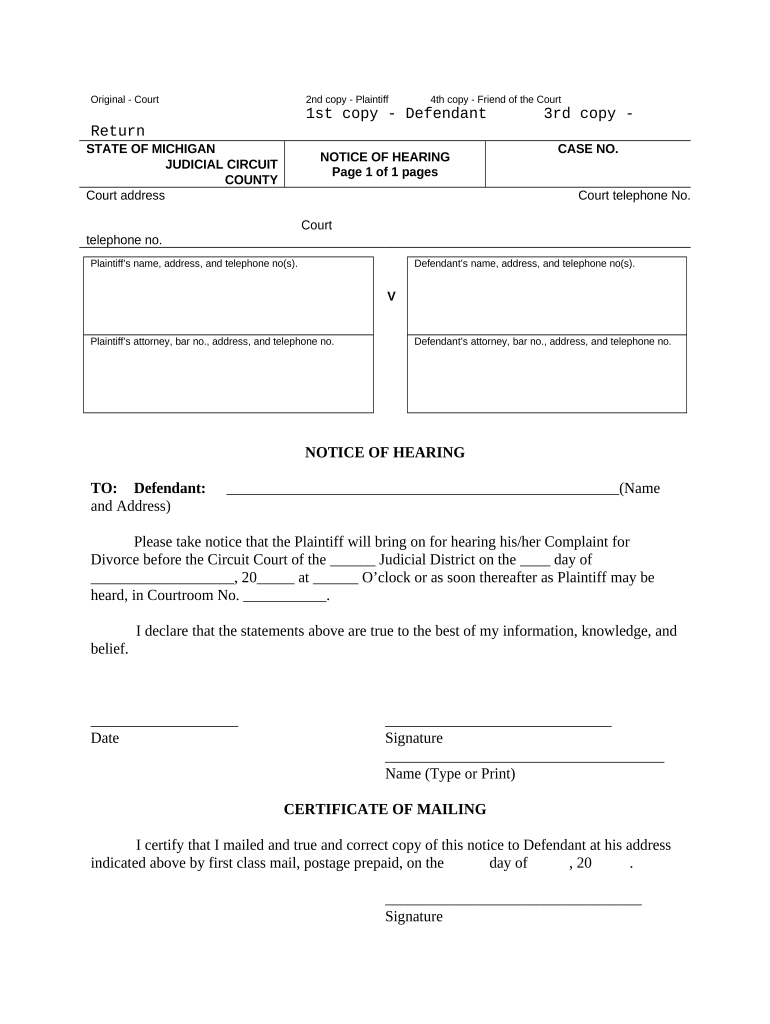 Notice of Hearing Michigan  Form