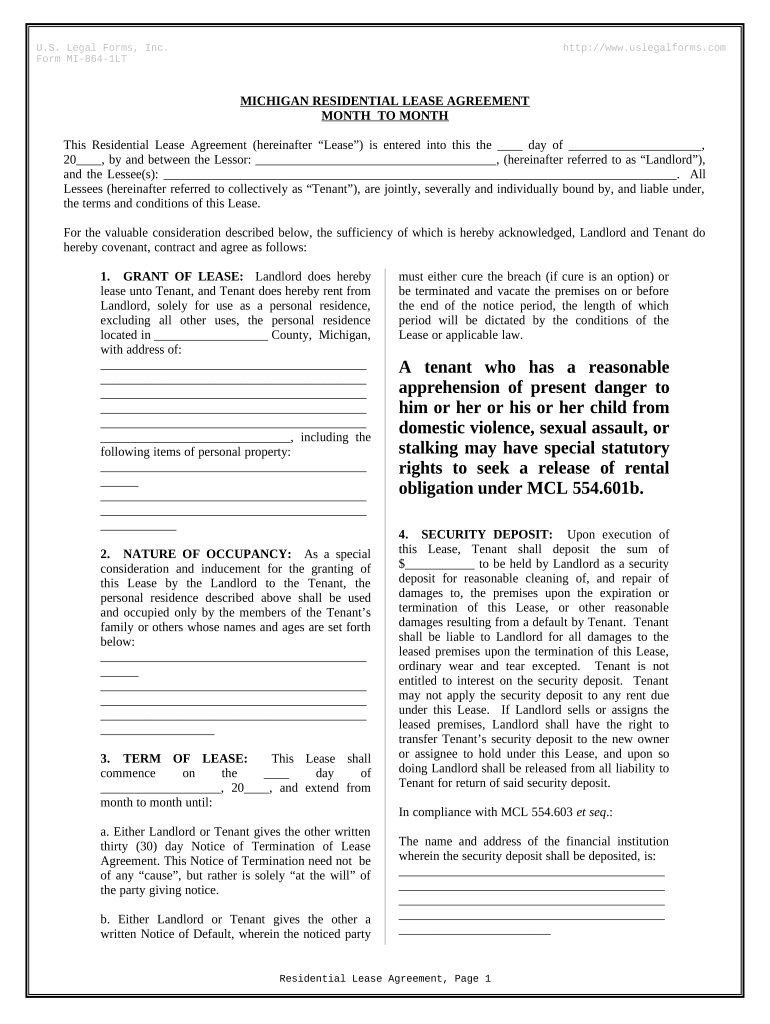 Residential Lease or Rental Agreement for Month to Month Michigan  Form