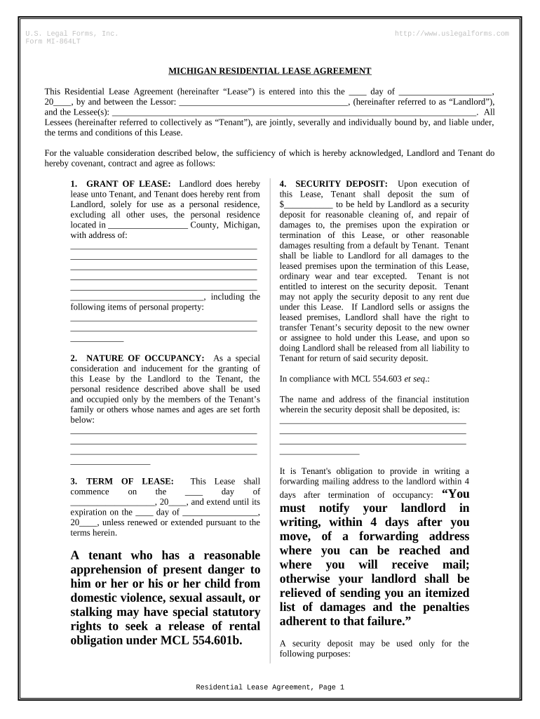 Residential Rental Lease Agreement Michigan  Form