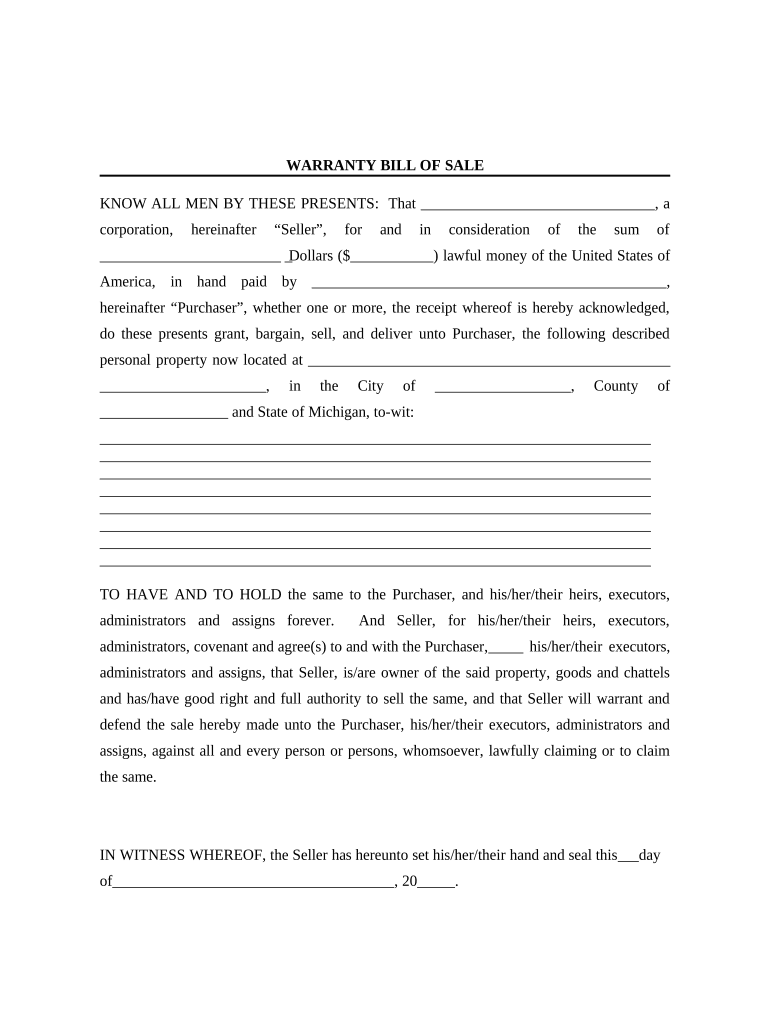 Bill of Sale with Warranty for Corporate Seller Michigan  Form