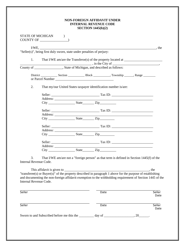 Non Foreign Affidavit under IRC 1445 Michigan  Form