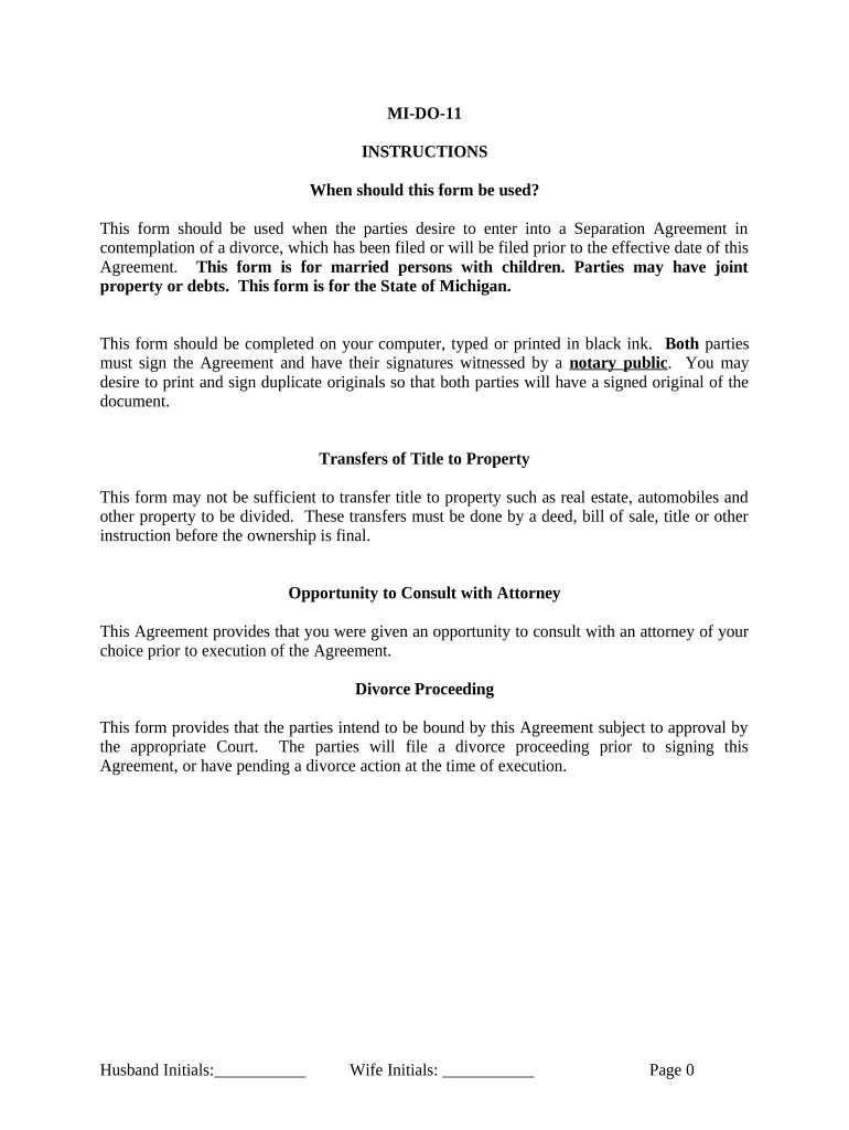 Marital Domestic Separation and Property Settlement Agreement Minor Children Parties May Have Joint Property or Debts Where Divo  Form