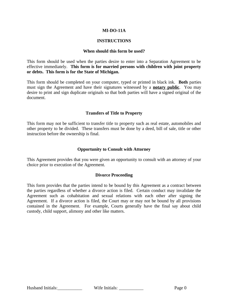 Marital Domestic Separation and Property Settlement Agreement Minor Children Parties May Have Joint Property or Debts Effective   Form