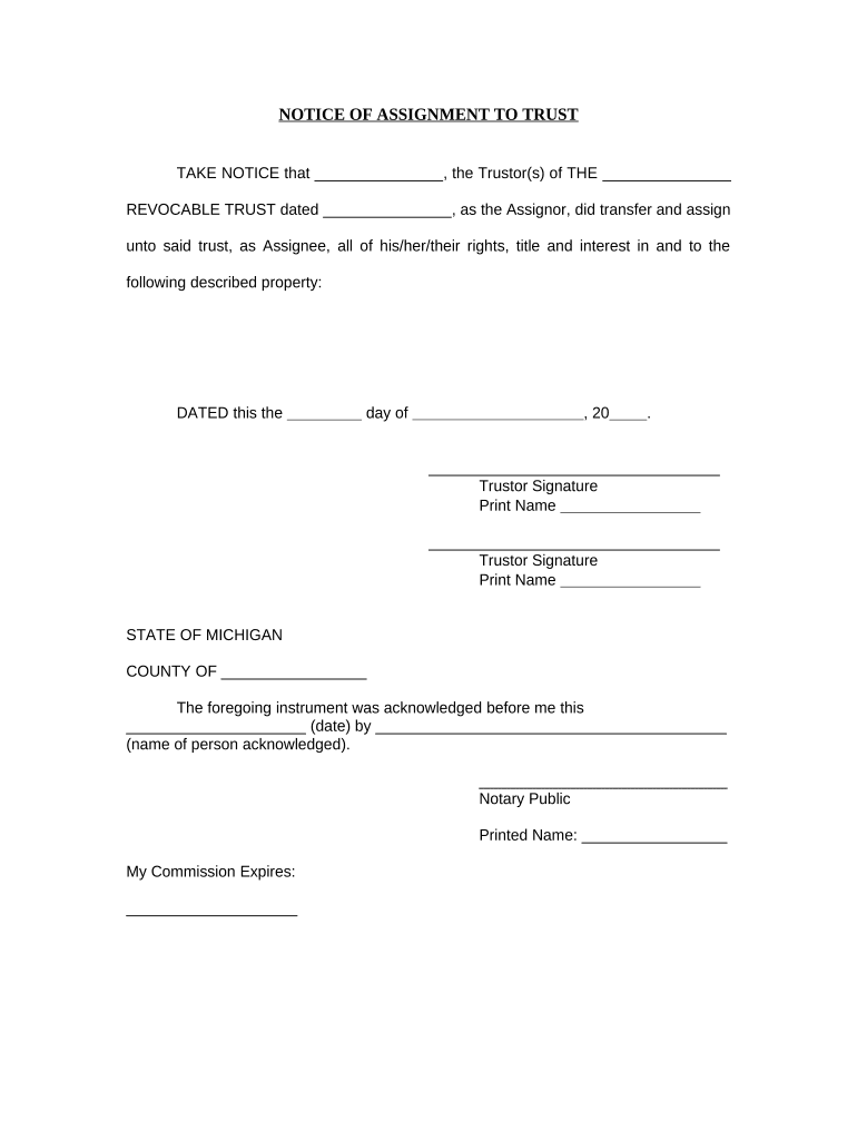 Notice of Assignment to Living Trust Michigan  Form