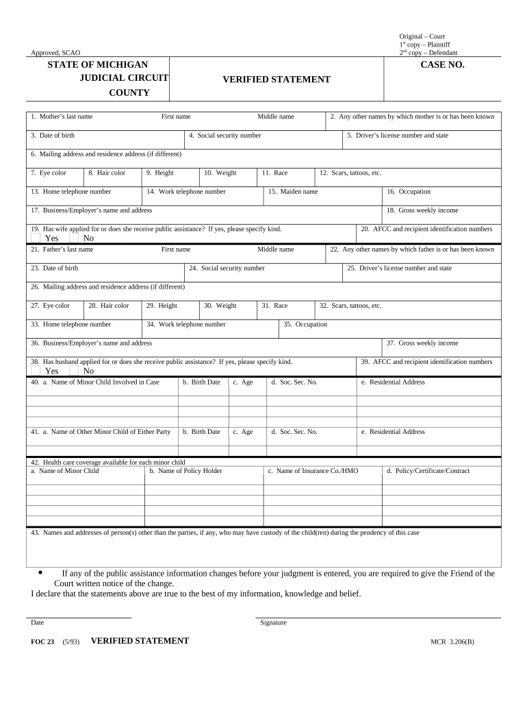 Michigan Verified Statement  Form