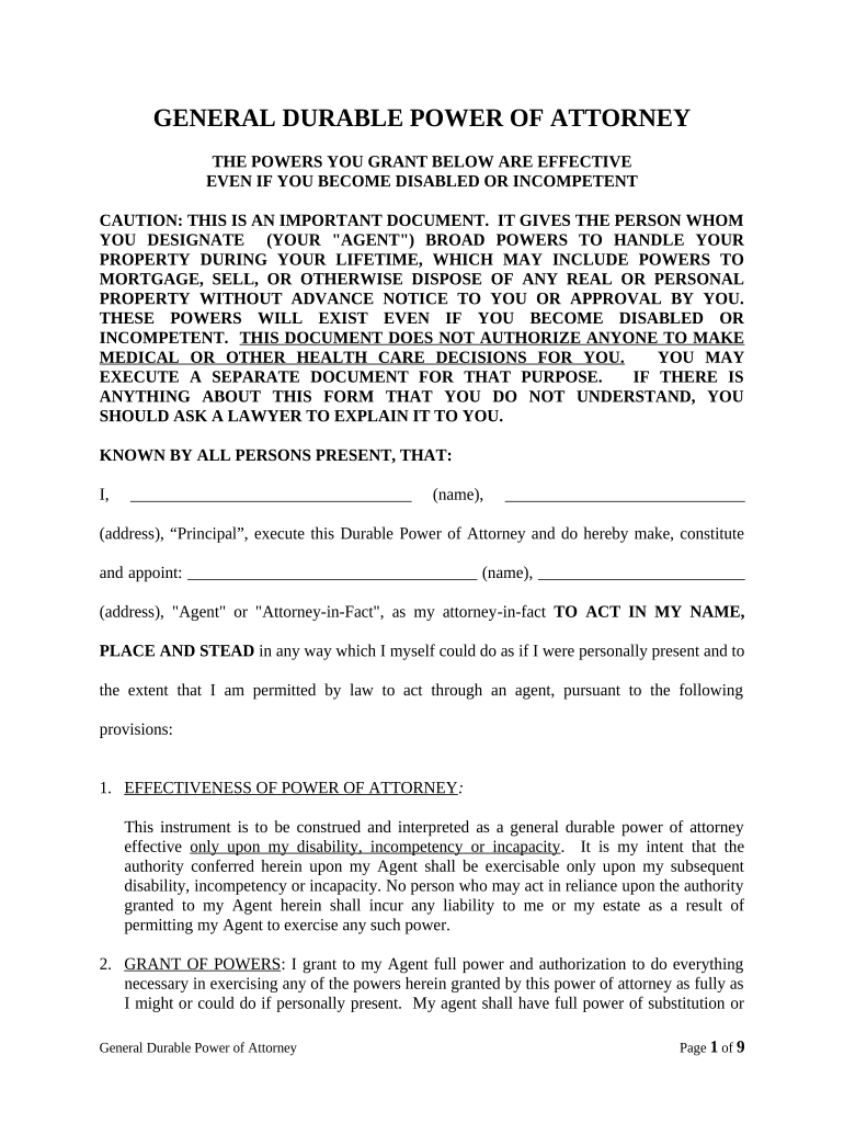 General Durable Power of Attorney for Property and Finances or Financial Effective Upon Disability Michigan  Form