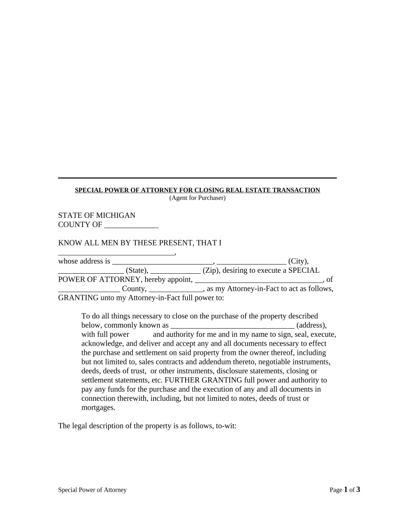 Special or Limited Power of Attorney for Real Estate Purchase Transaction by Purchaser Michigan  Form