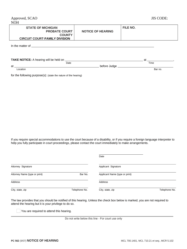 Notice of Hearing Michigan  Form