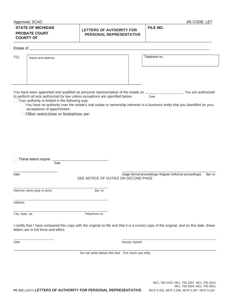 Michigan Letters Authority  Form