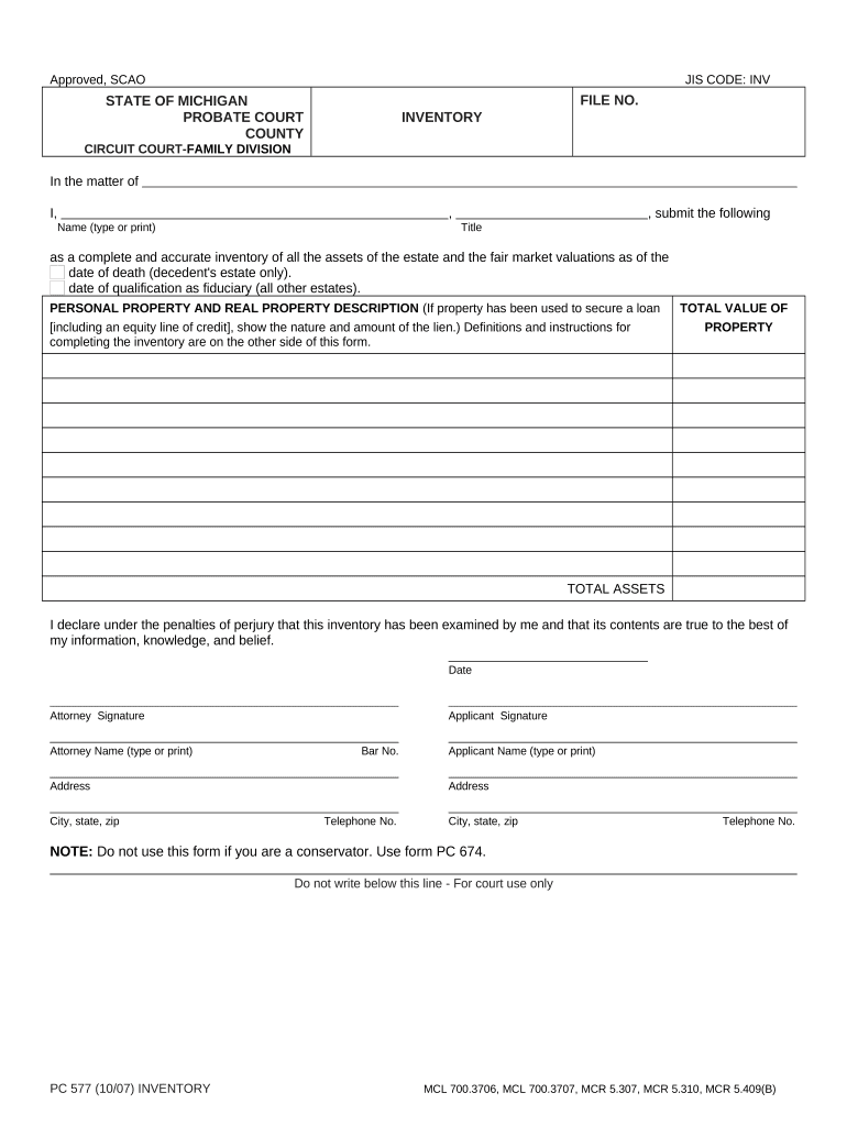 Michigan Inventory  Form