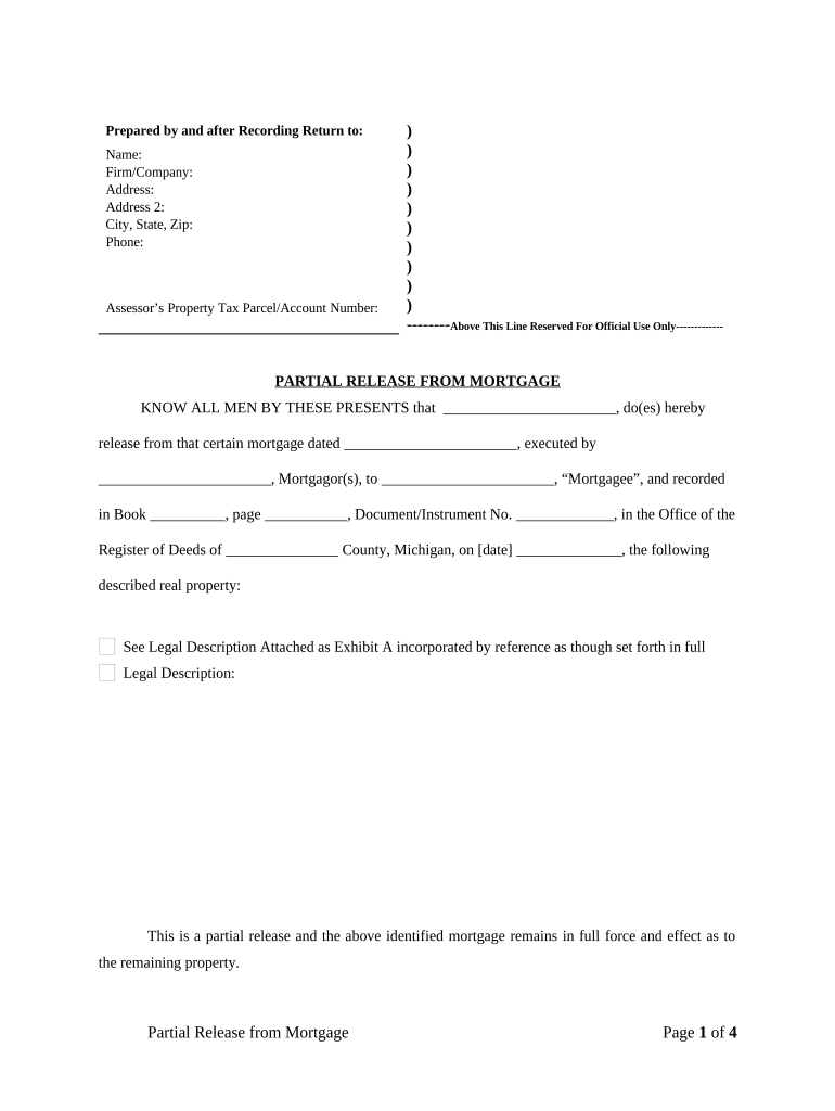 Partial Release of Property from Mortgage for Corporation Michigan  Form