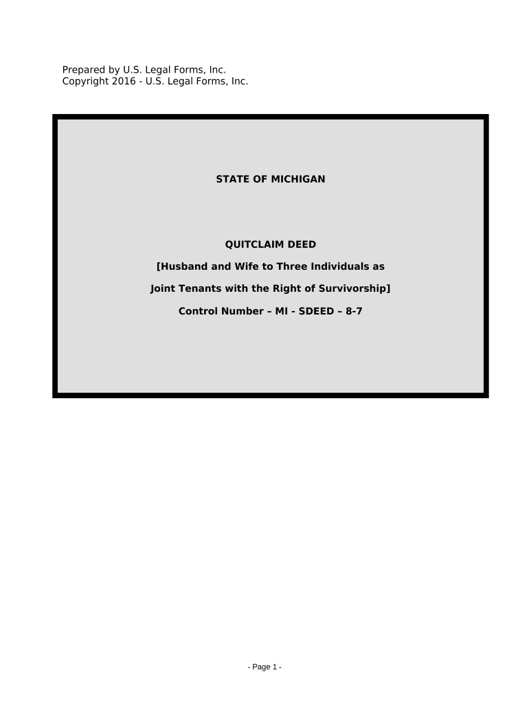 Quitclaim Deed from Husband and Wife to Three Individuals as Joint Tenants with the Right of Survivorship Michigan  Form