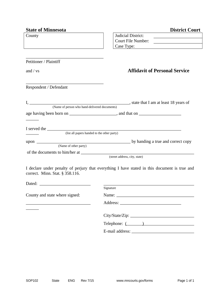 Affidavit of Personal Service Minnesota  Form