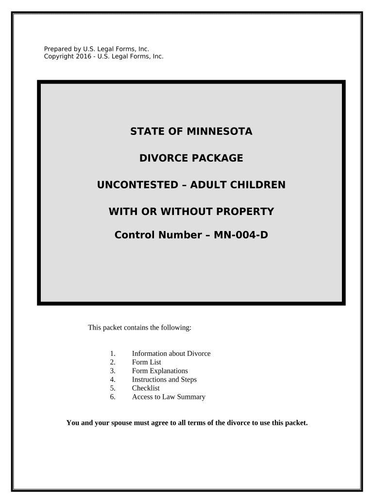 No Fault Uncontested Agreed Divorce Package for Dissolution of Marriage with Adult Children and with or Without Property and Deb  Form