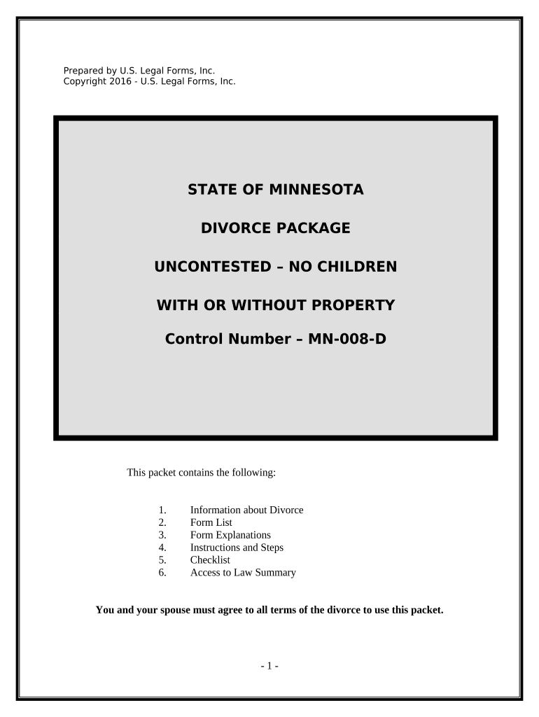 No Fault Agreed Uncontested Divorce Package for Dissolution of Marriage for Persons with No Children with or Without Property an  Form