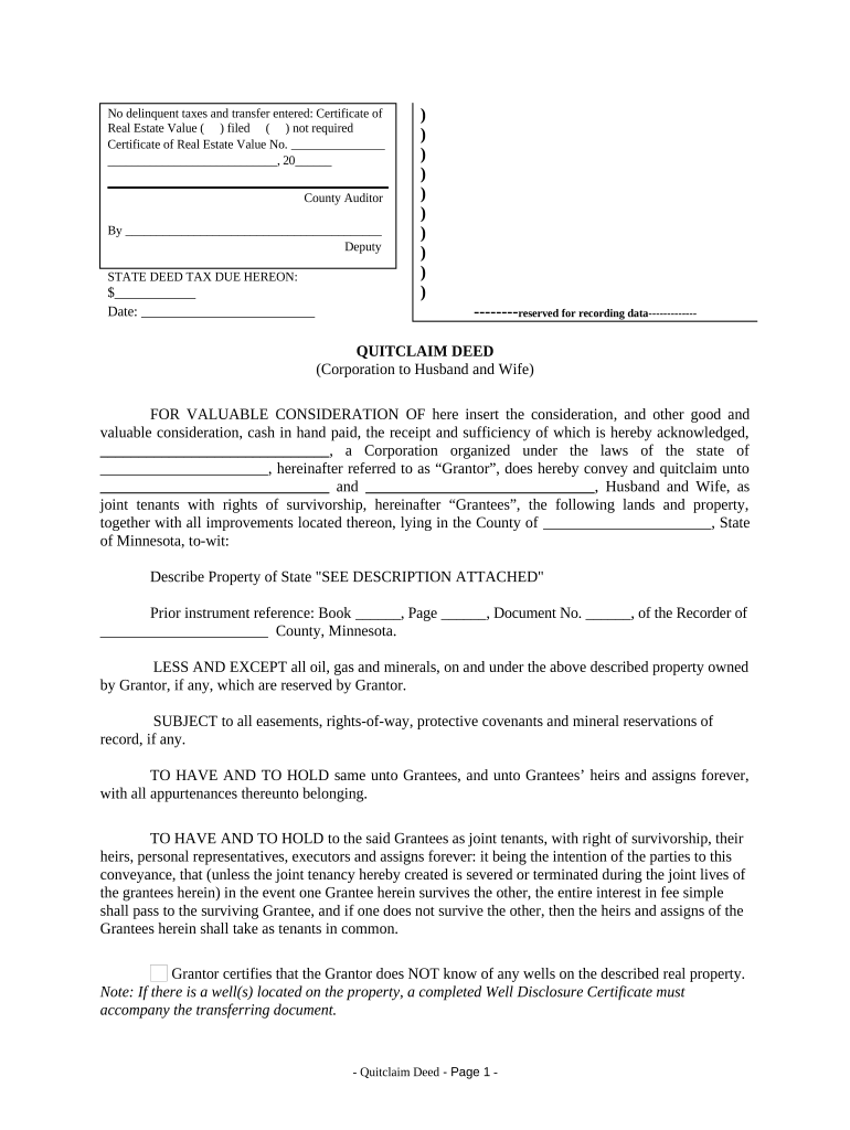 Quitclaim Deed from Corporation to Husband and Wife Minnesota  Form