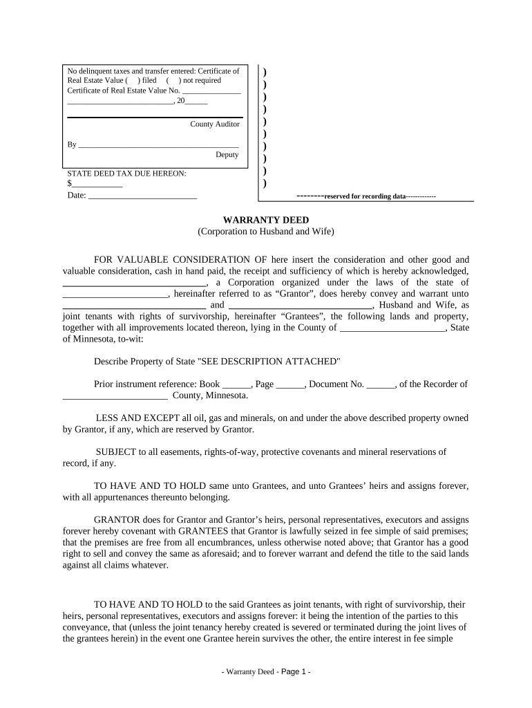 Warranty Deed from Corporation to Husband and Wife Minnesota  Form