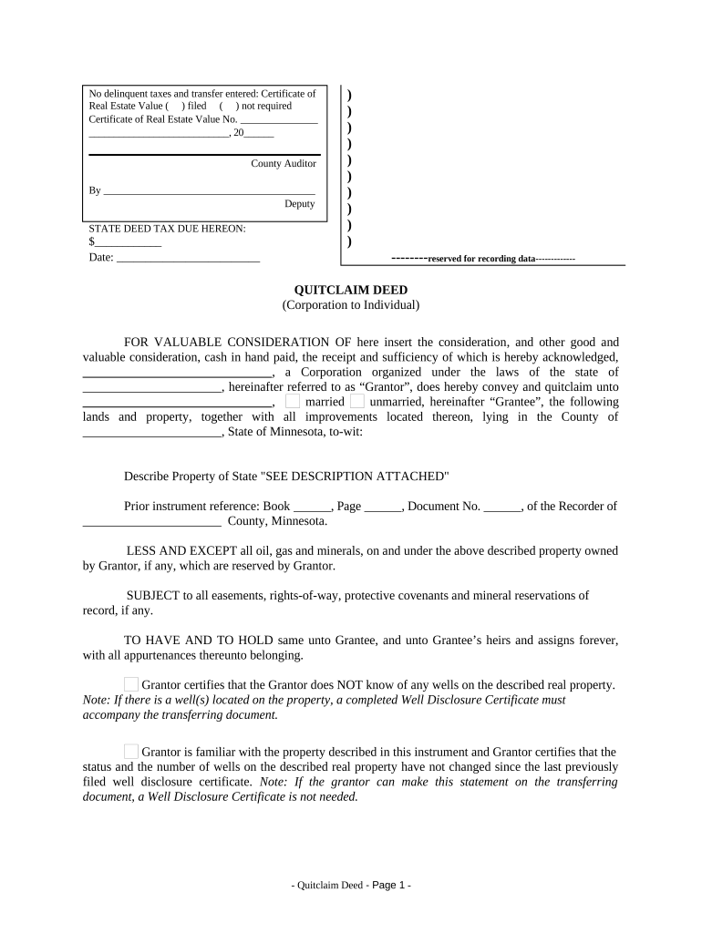 Quitclaim Deed from Corporation to Individual Minnesota  Form