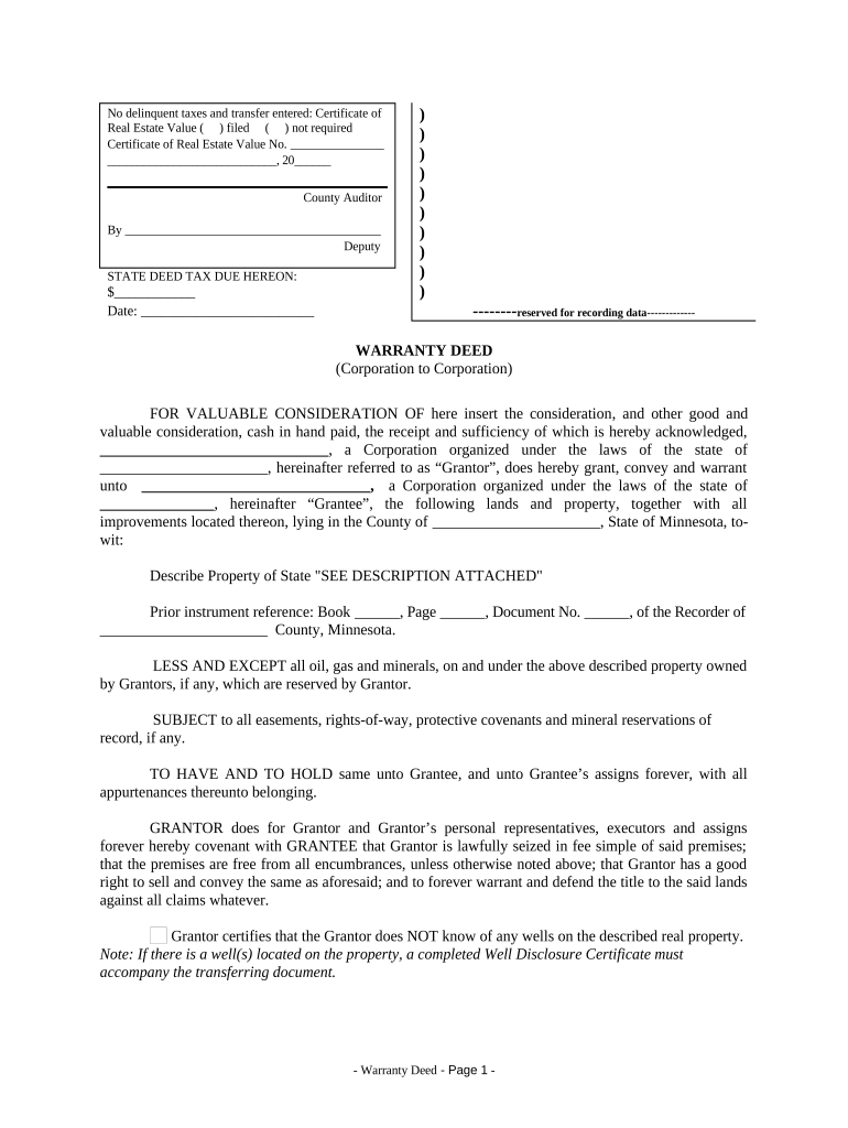 Warranty Deed from Corporation to Corporation Minnesota  Form