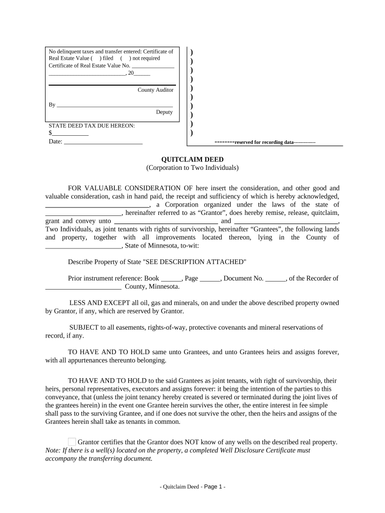 Quitclaim Deed from Corporation to Two Individuals Minnesota  Form