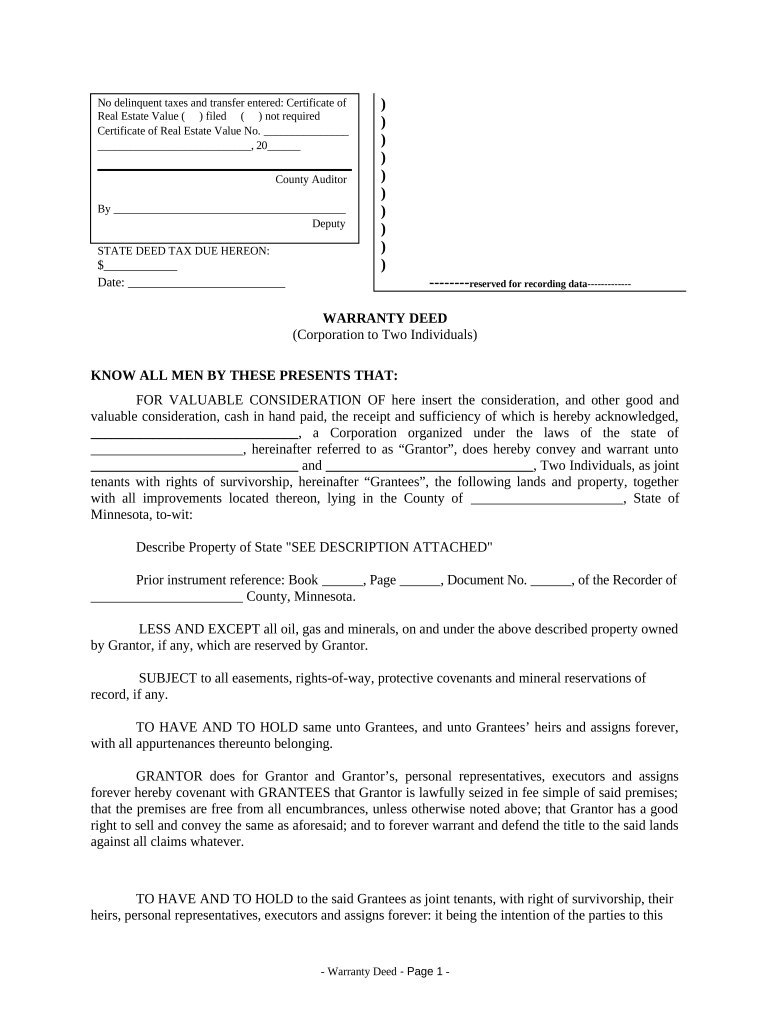 Warranty Deed from Corporation to Two Individuals Minnesota  Form